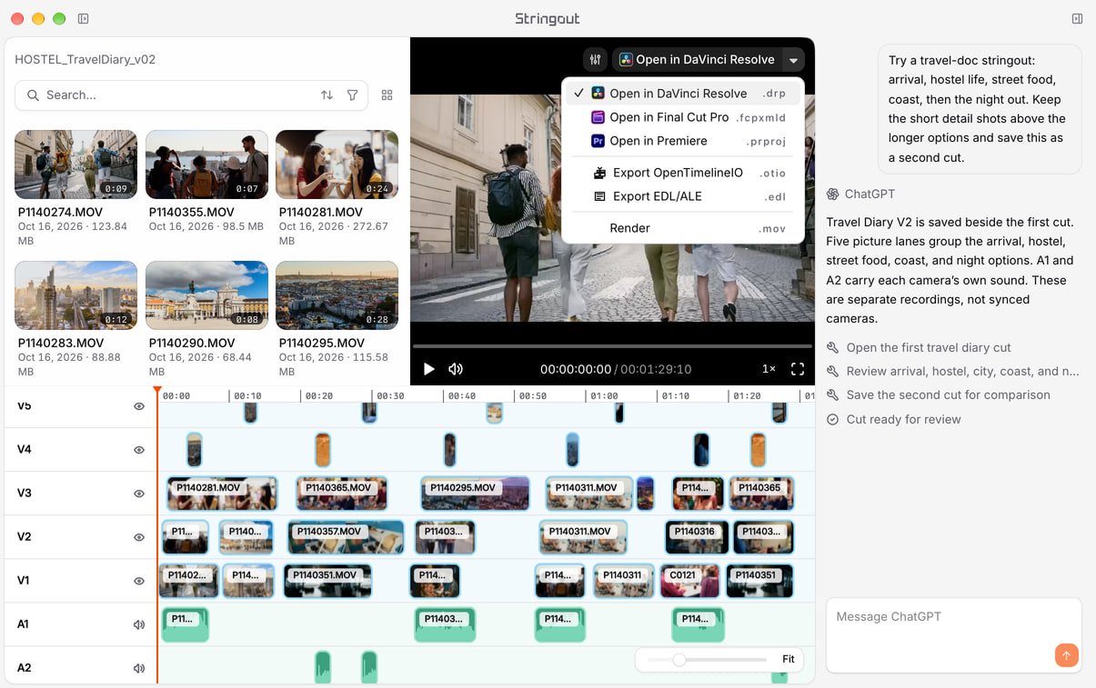 Travel-documentary revision in Stringout: ChatGPT chat beside five video tracks, two audio tracks and the NLE export menu.