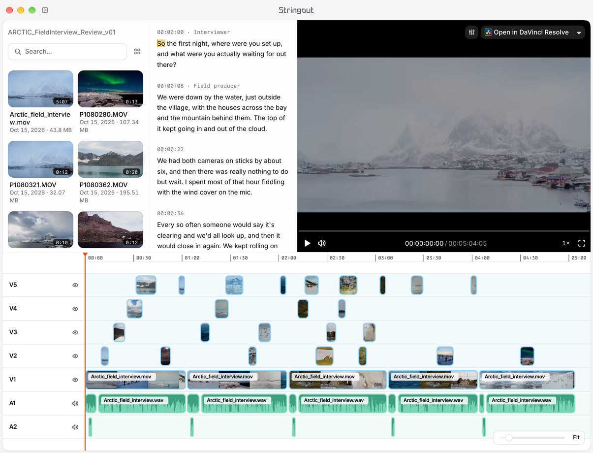 An Arctic field-interview review in Stringout, with the full Arctic media pool, long speaker-labelled dialogue and a dense weather, wildlife and northern-lights stringout.