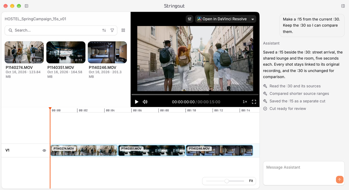 A 15-second hostel campaign cut in Stringout with three source-linked shots, a timeline and an assistant conversation that keeps the 30-second version.