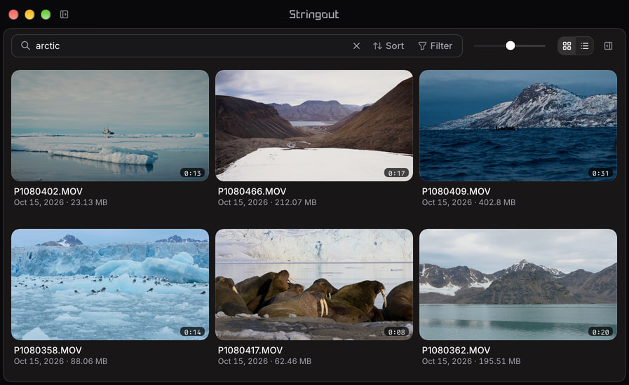 Stringout library search for arctic showing previously indexed ice, fjord and wildlife source recordings from T7 Shield.