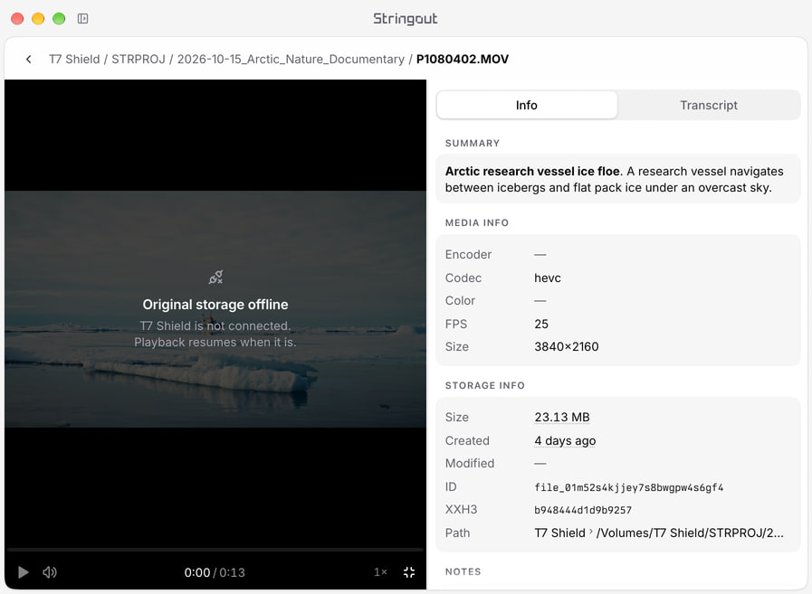 Stringout file page for an Arctic research-vessel source on T7 Shield, with its file path and the Original storage offline playback state.