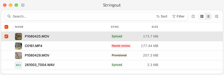 Project source table in Stringout with wildlife camera rows, a sound-roll row, and Synced, Provisional and Needs review badges.