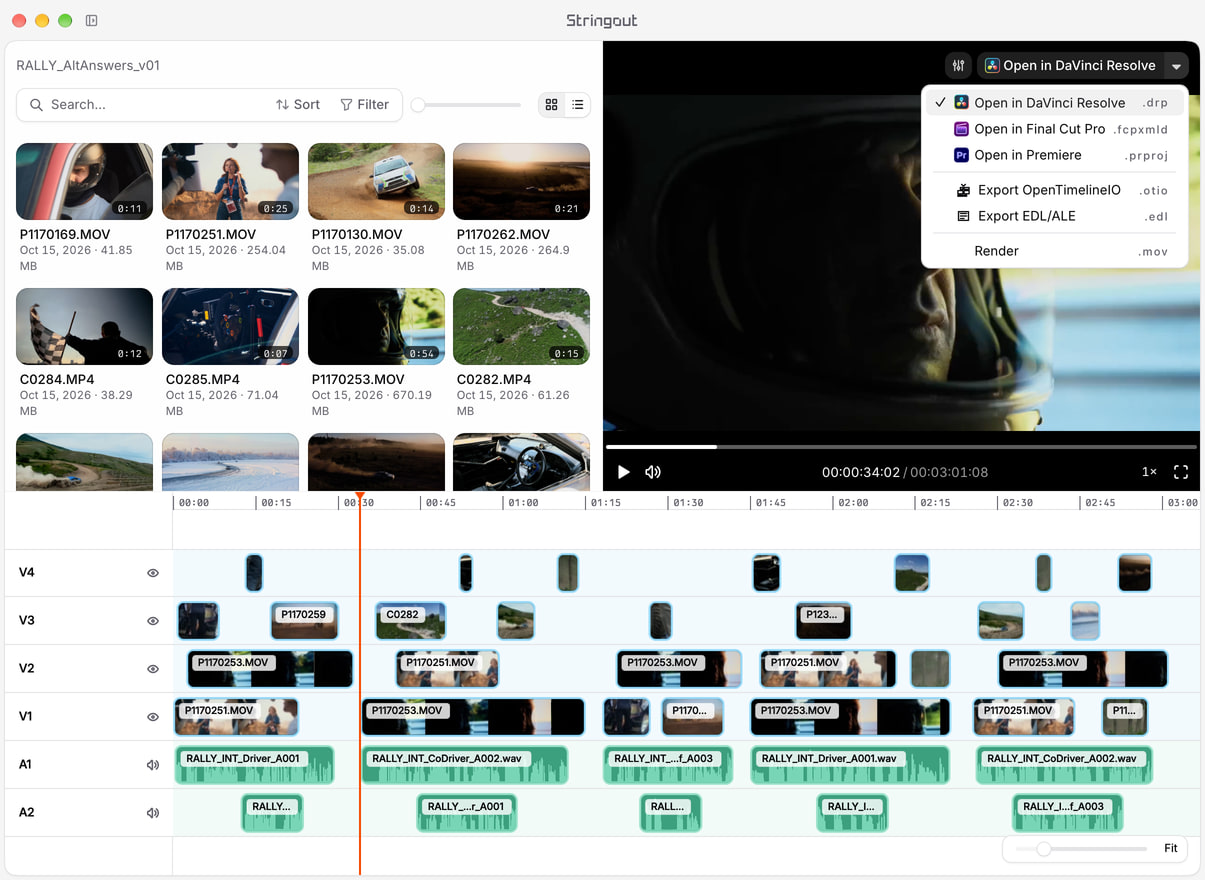 Rally alternate-answer stringout in Stringout with four video tracks, two audio tracks, uneven source ranges and the NLE export chooser.