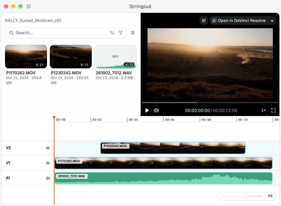 Stringout project timeline with two angles of one sunset rally stage on staggered video tracks and a sound-roll placement on an audio track.