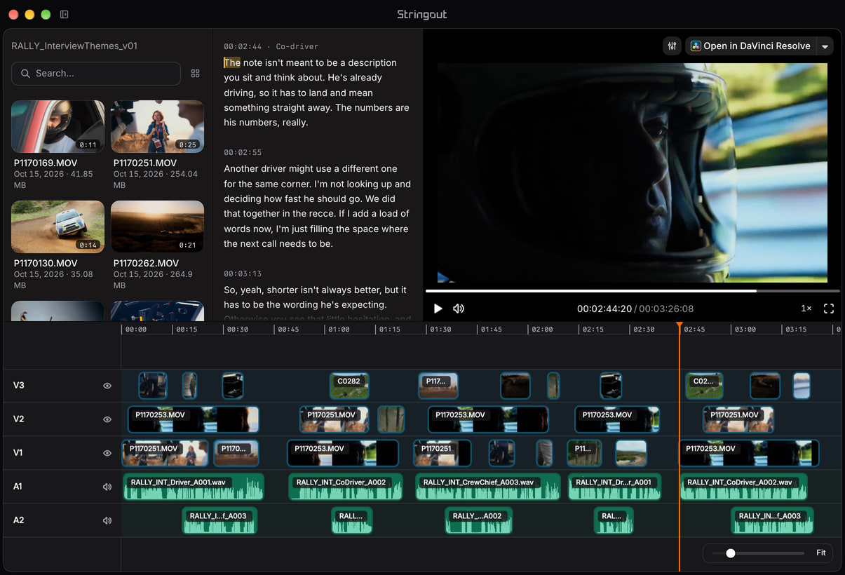 Rally documentary theme stringout in Stringout, with overlapping source options on three video tracks, two audio tracks and a speaker-labelled transcript.