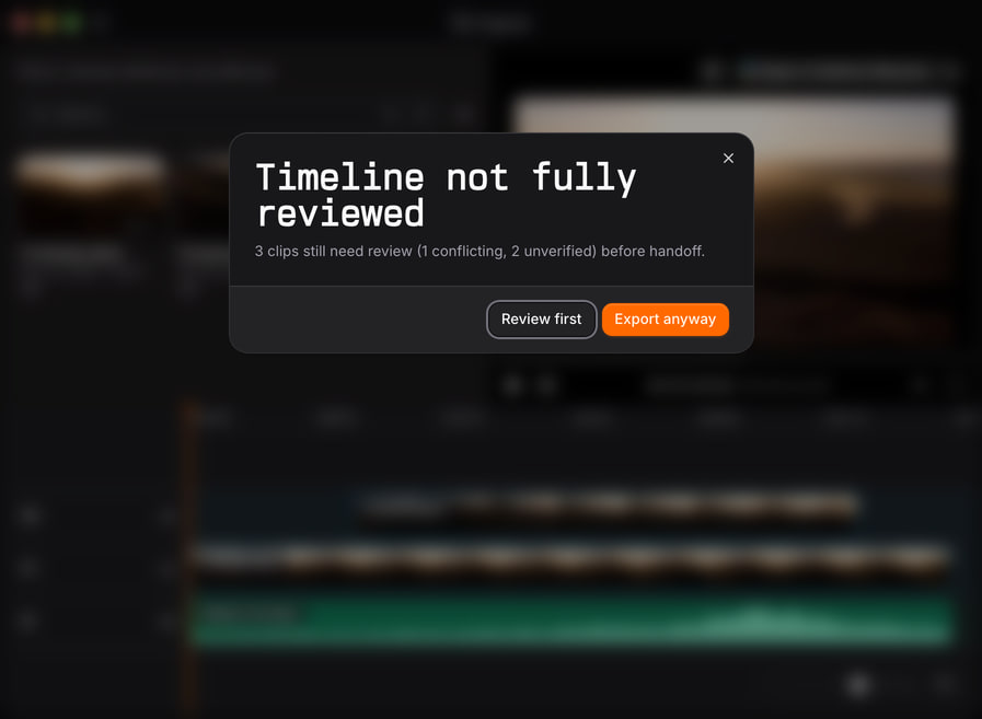 Stringout’s sync review warning over a picture-and-sound timeline identifies three clips needing review, with one conflicting and two unverified.