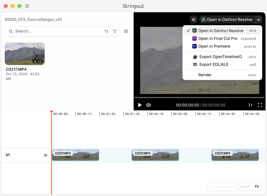 Three ranges from the same mountain-bike camera recording remain linked to their source on a Stringout timeline, with the NLE export chooser open.