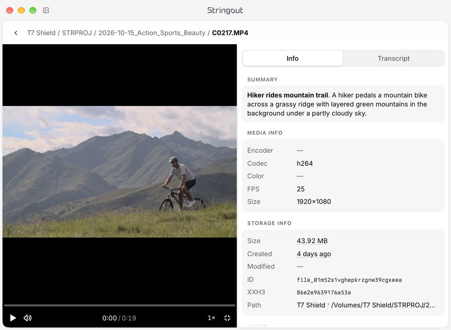 Stringout file page showing a mountain biker source recording, its original filename, preview and T7 Shield storage path.